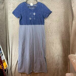 Studio Ease Womens 10 Denim Midi Dress Blue Coastal Sea Shore Short Sleeve Vint